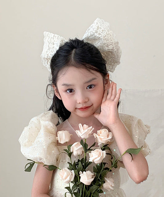 Épingle à cheveux pour enfants, élégante, en alliage beige, avec nœud en tulle et ruban de perles - Amawinc
