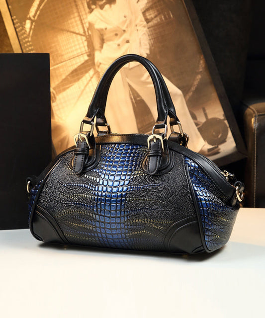 Sac fourre-tout élégant et polyvalent en cuir de veau noir et bleu - Amawinc