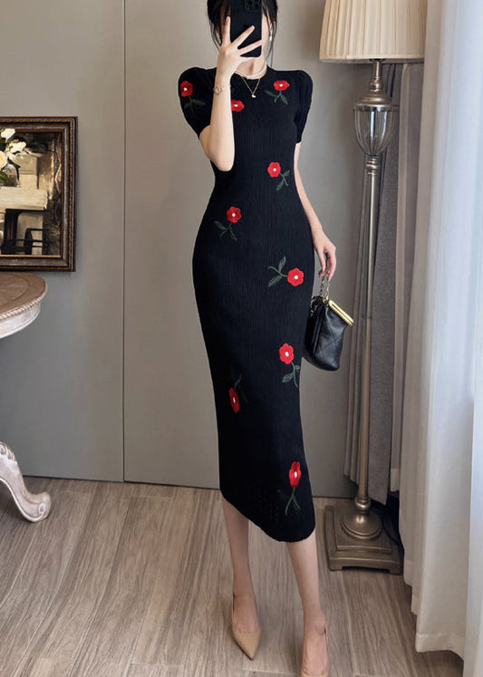 Robes portefeuille brodées à fleurs noires élégantes pour l'été - Amawinc