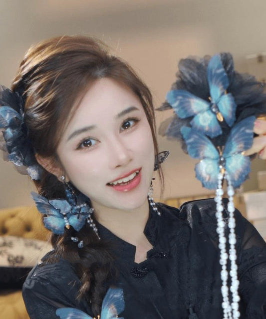 Épingle à cheveux élégante en tissu bleu zircon avec perles et pompon - Amawinc