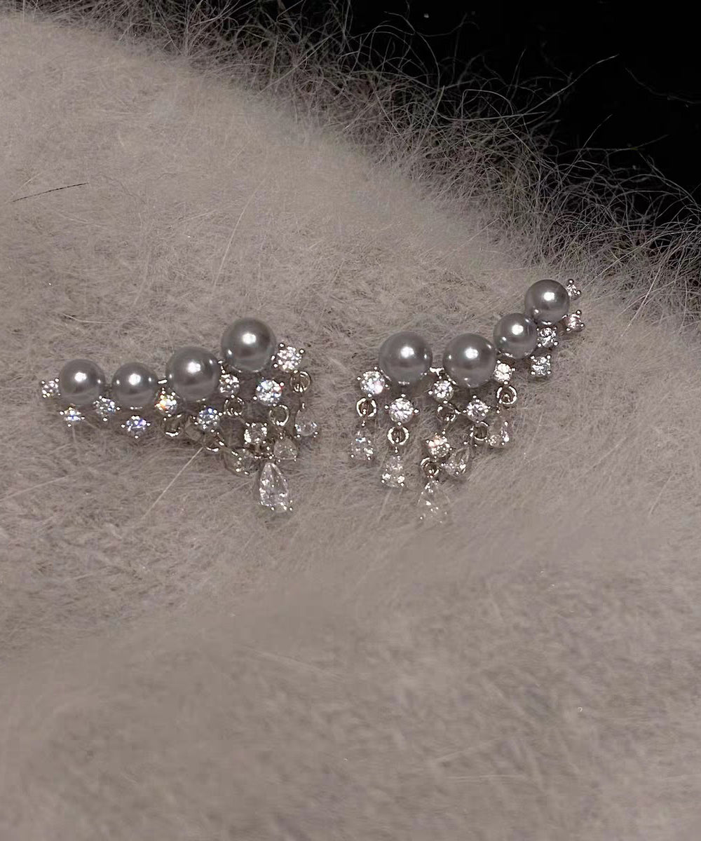 Boucles d'oreilles à pampilles en perles de zircon surdorées en cuivre gris élégant - Amawinc