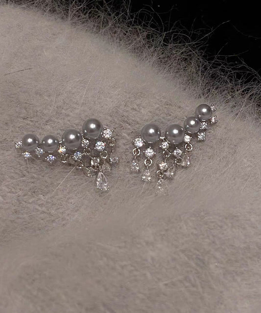 Boucles d'oreilles à pampilles en perles de zircon surdorées en cuivre gris élégant - Amawinc