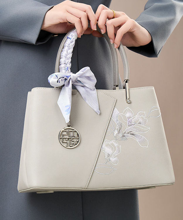 Sac fourre-tout élégant en cuir de veau gris brodé - Amawinc
