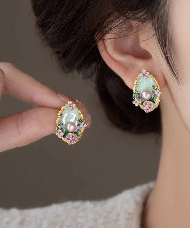 Boucles d'oreilles à tige florales en perles surdorées en cuivre arc-en-ciel - Amawinc