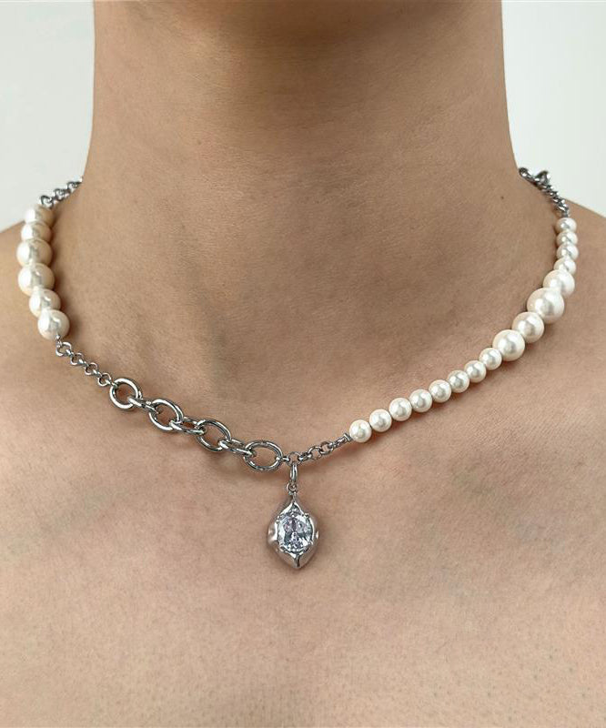 Collier élégant en soie, acier inoxydable, perle, goutte d'eau, zircon - Amawinc