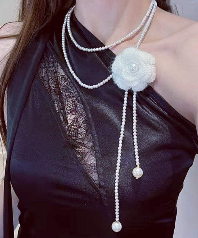 Collier lariat en alliage blanc élégant avec perles florales - Amawinc