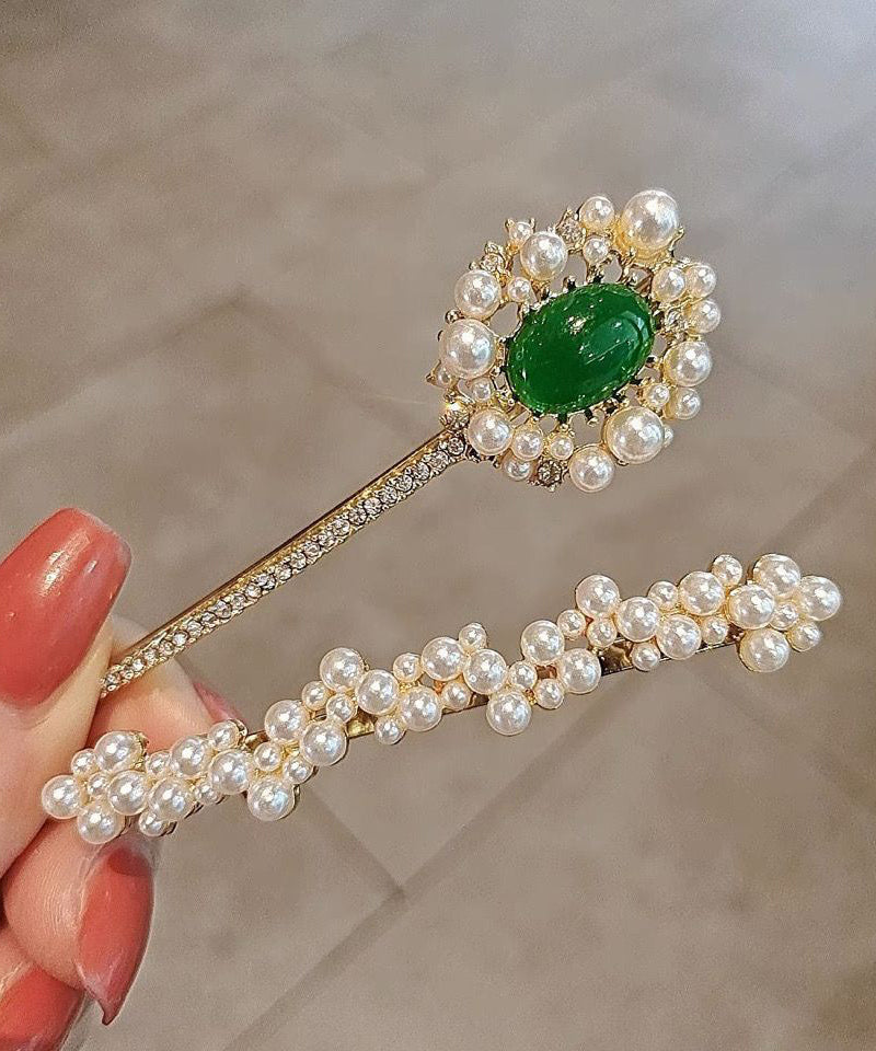 Ensemble élégant de deux épingles à cheveux en cuivre blanc surdoré, zircon, perle et émeraude - Amawinc