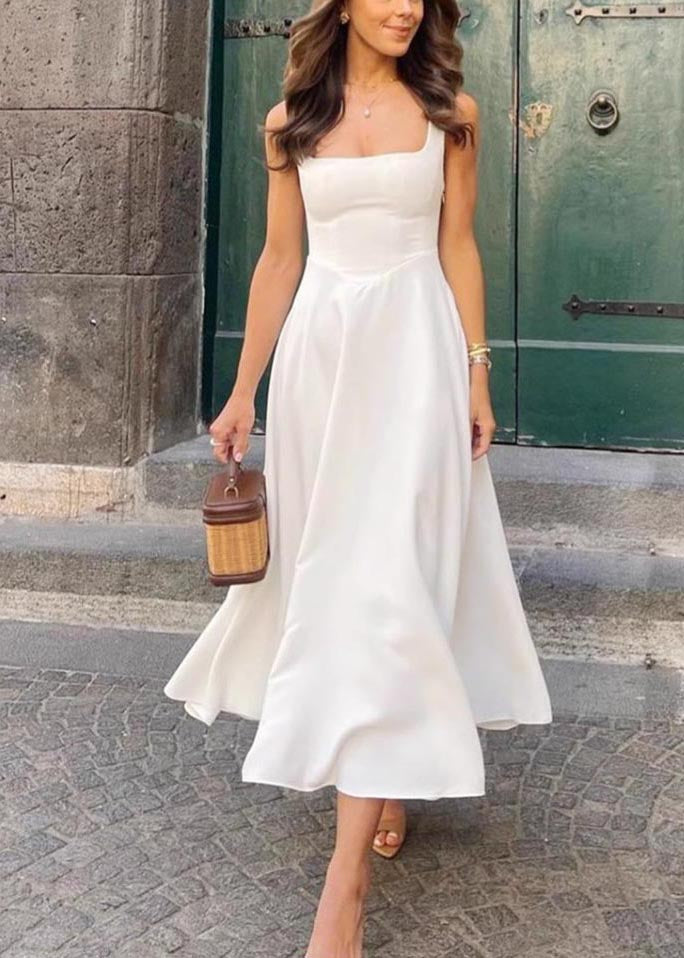 Robe longue blanche élégante à col carré et ourlet extra large pour l'été - Amawinc