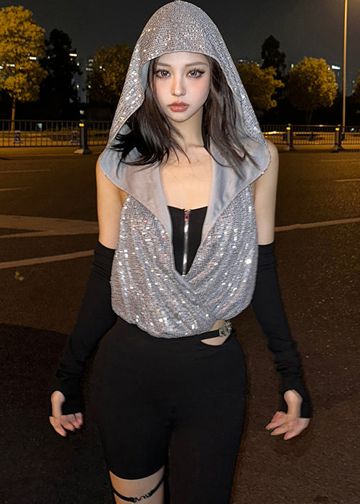 Ensemble deux pièces t-shirt à capuche et col zippé à paillettes - Amawinc