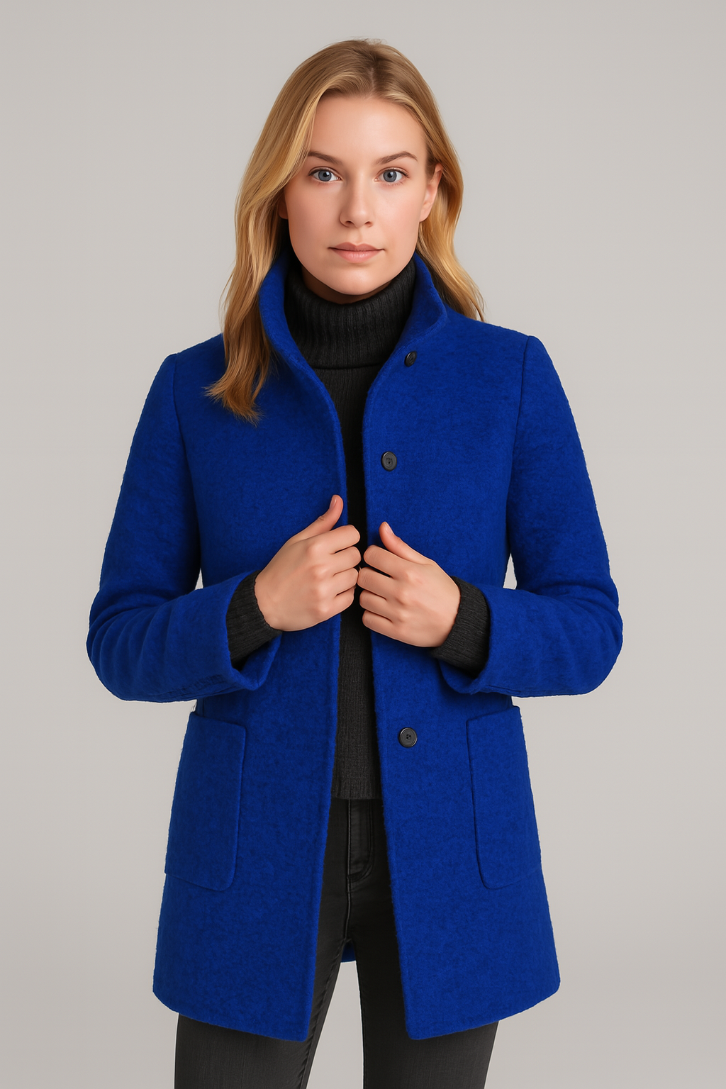 Manteau En Coton Pour Femme Printemps 2025 Noir Col Debout Décontracté Manches Longues Poches Boutonées