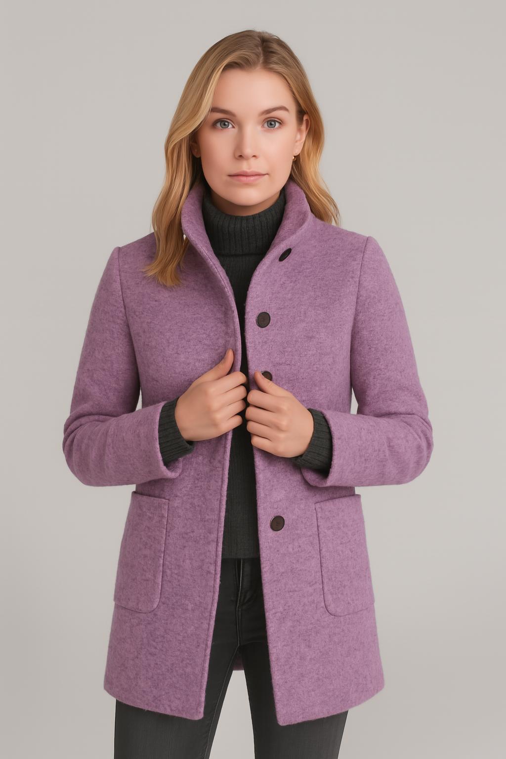 Manteau En Coton Pour Femme Printemps 2025 Noir Col Debout Décontracté Manches Longues Poches Boutonées