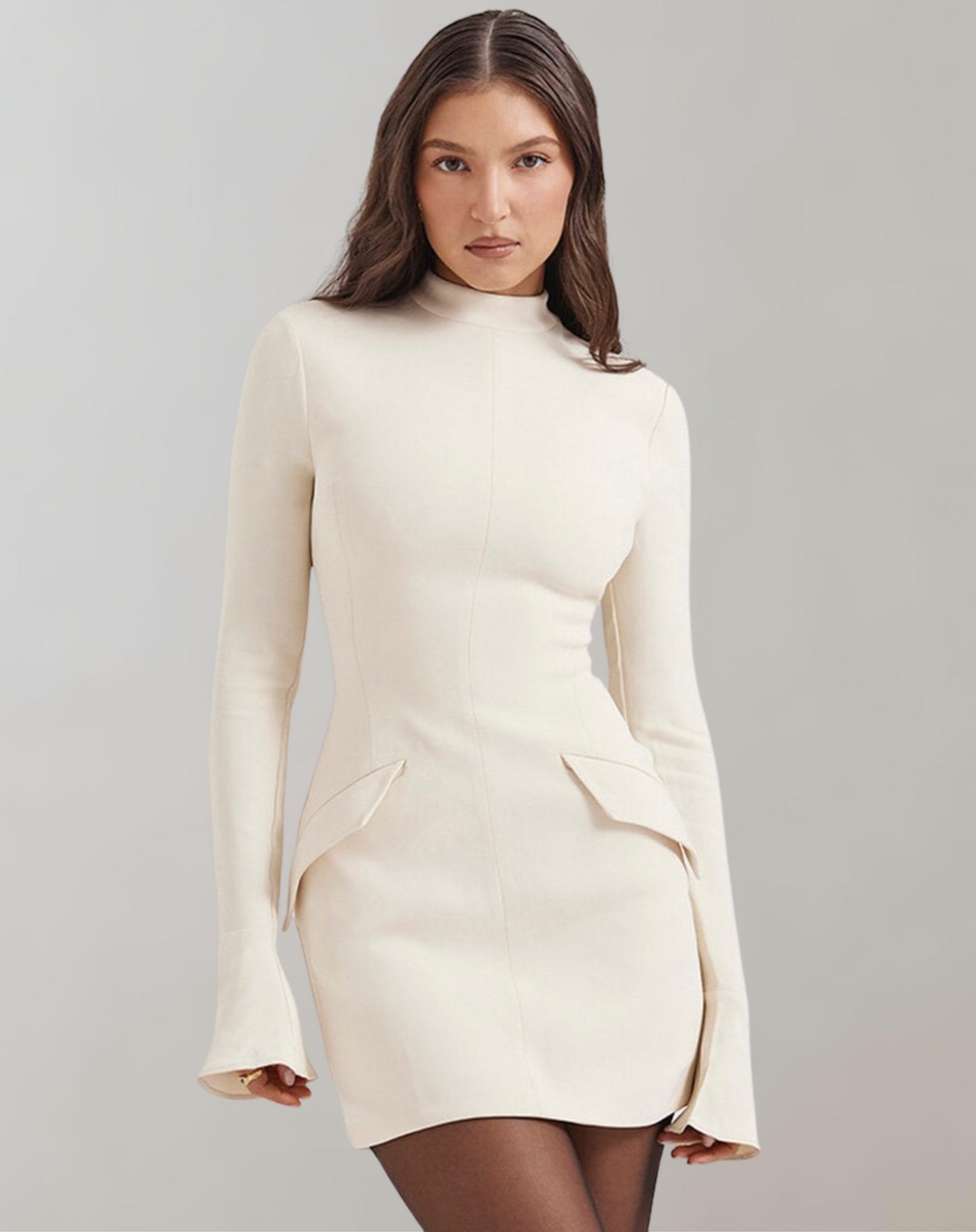 Robe Mini Cintrée À Manches Longues Avec Volants Et Col Haut Élégant Pour Travail Et Soirées Nordic Flair Amawinc