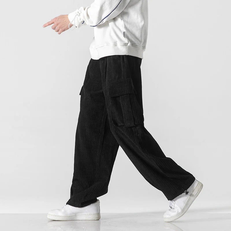 Pantalon Cargo Velours Côtelé Large Avec Poches Cargo Oversize Et Ceinture À Cordon Ajustable
