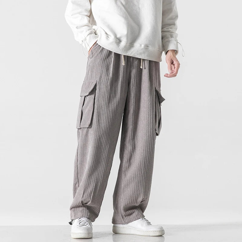 Pantalon Cargo Velours Côtelé Large Avec Poches Cargo Oversize Et Ceinture À Cordon Ajustable