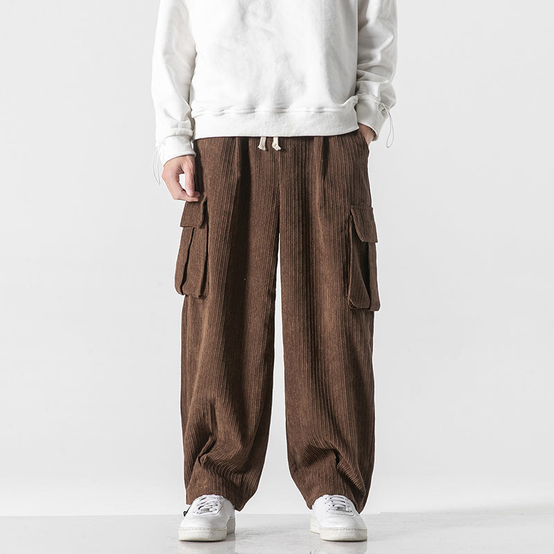 Pantalon Cargo Velours Côtelé Large Avec Poches Cargo Oversize Et Ceinture À Cordon Ajustable