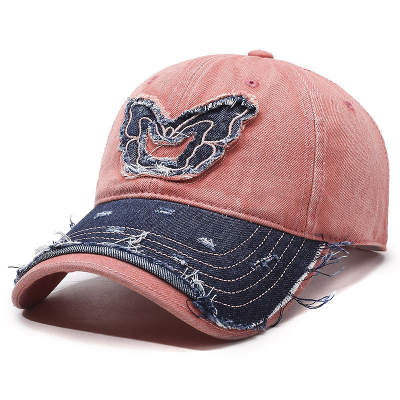 Casquette Baseball Rétro En Denim Avec Papillon Brodé, Tissu Coton Lavé, Bord Courbé, Ajustable Pour Tous Les Styles
