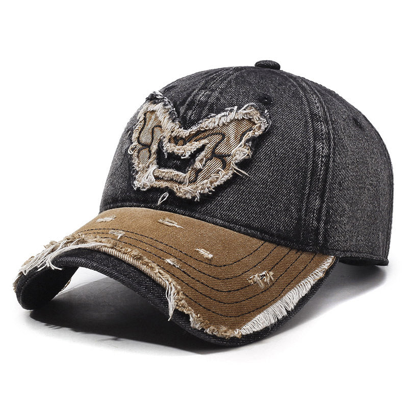 Casquette Baseball Rétro En Denim Avec Papillon Brodé, Tissu Coton Lavé, Bord Courbé, Ajustable Pour Tous Les Styles