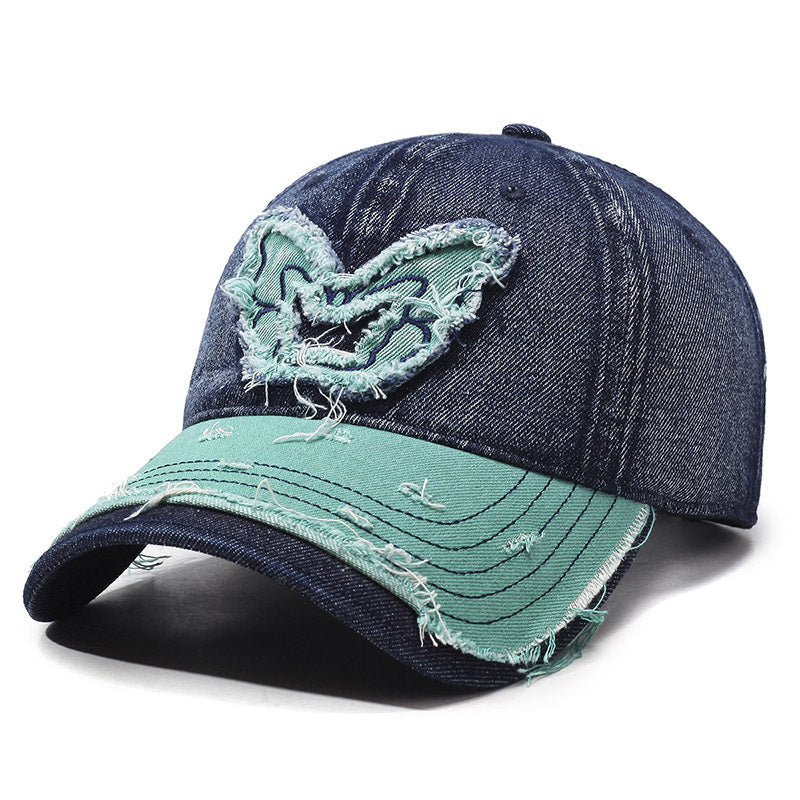 Casquette Baseball Rétro En Denim Avec Papillon Brodé, Tissu Coton Lavé, Bord Courbé, Ajustable Pour Tous Les Styles