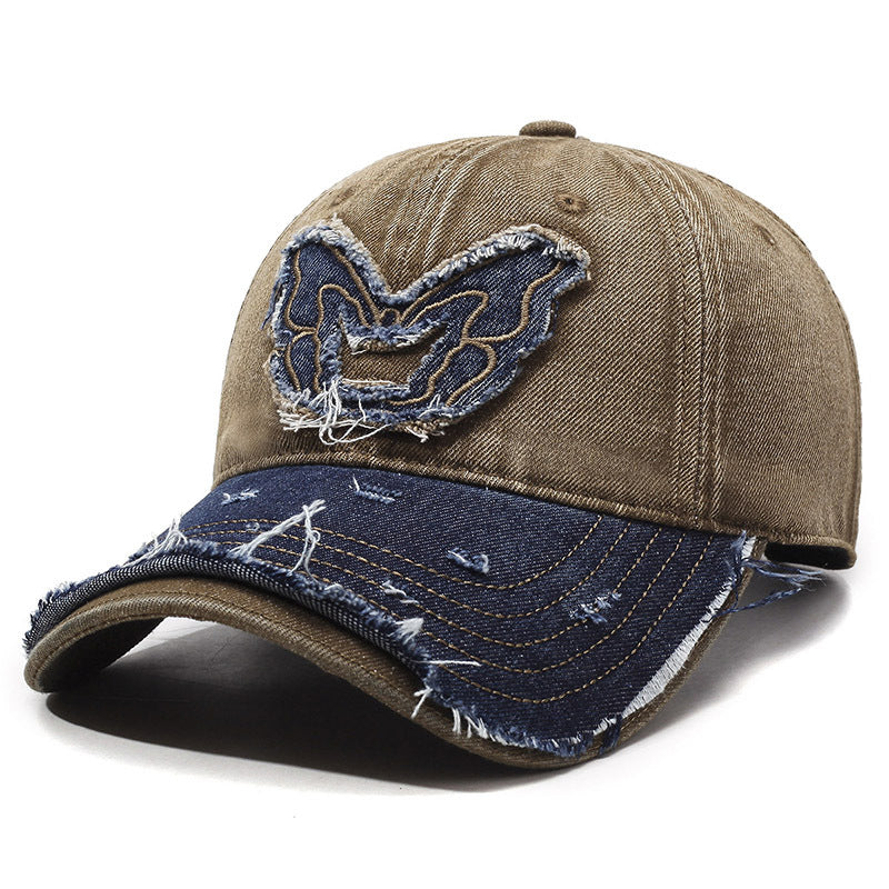 Casquette Baseball Rétro En Denim Avec Papillon Brodé, Tissu Coton Lavé, Bord Courbé, Ajustable Pour Tous Les Styles
