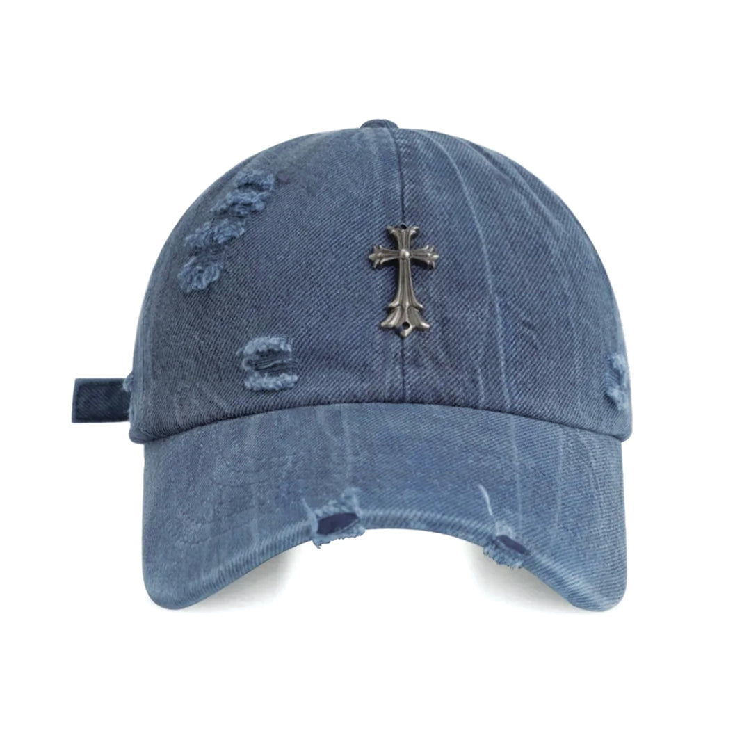 Casquette Baseball Denim Distress Avec Emblème Croix Sur Couronne En Coton Et Métal Lanière Réglable