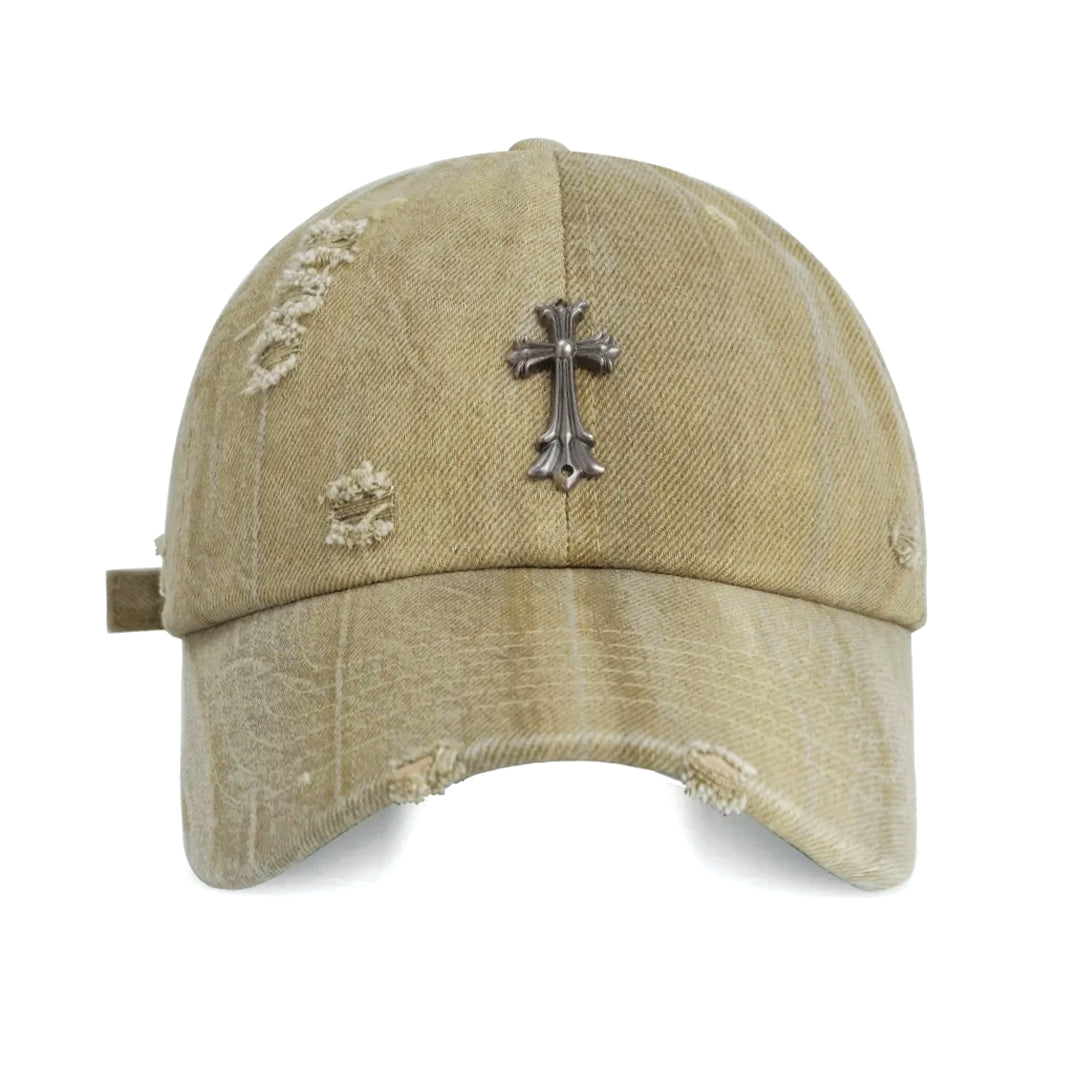 Casquette Baseball Denim Distress Avec Emblème Croix Sur Couronne En Coton Et Métal Lanière Réglable
