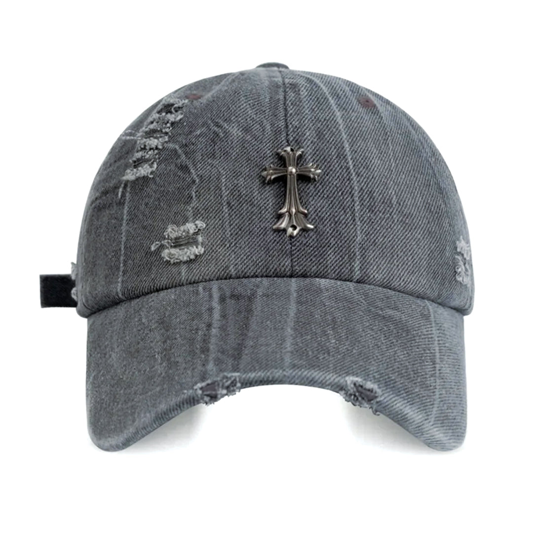 Casquette Baseball Denim Distress Avec Emblème Croix Sur Couronne En Coton Et Métal Lanière Réglable