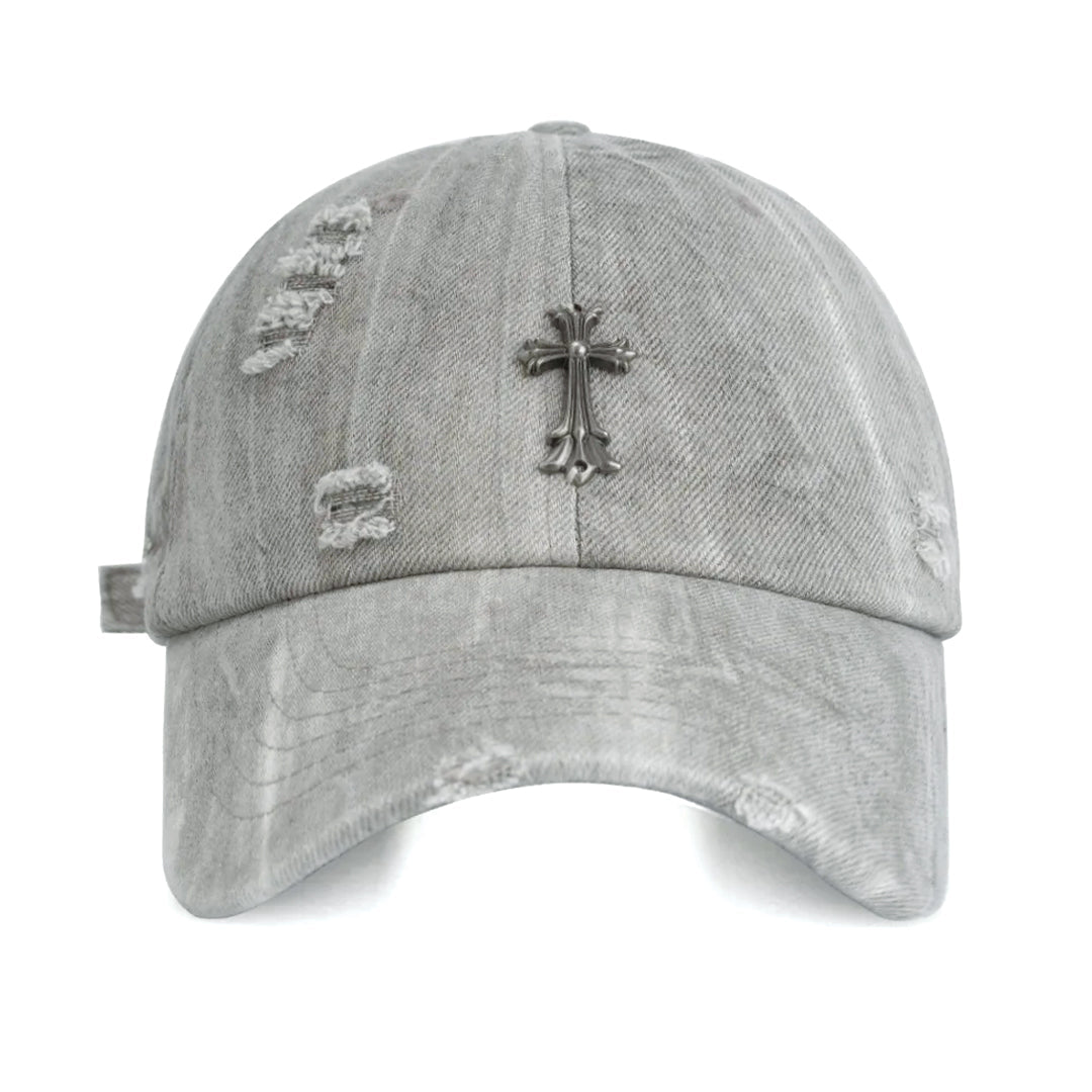 Casquette Baseball Denim Distress Avec Emblème Croix Sur Couronne En Coton Et Métal Lanière Réglable