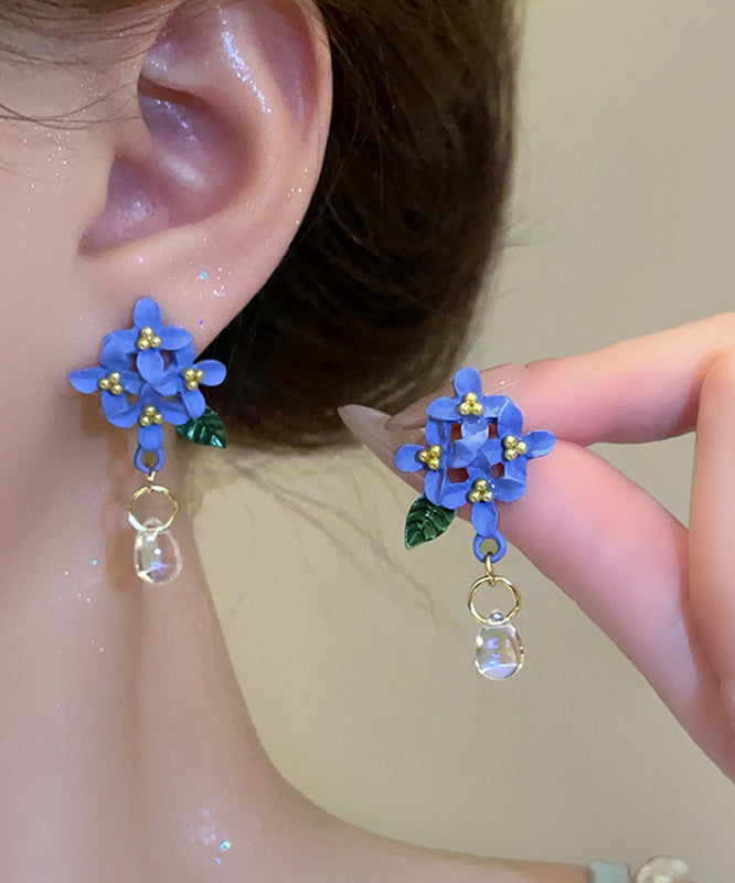 Boucles d'oreilles pendantes en résine et alliage bleu, motif floral, émail cuit - Amawinc