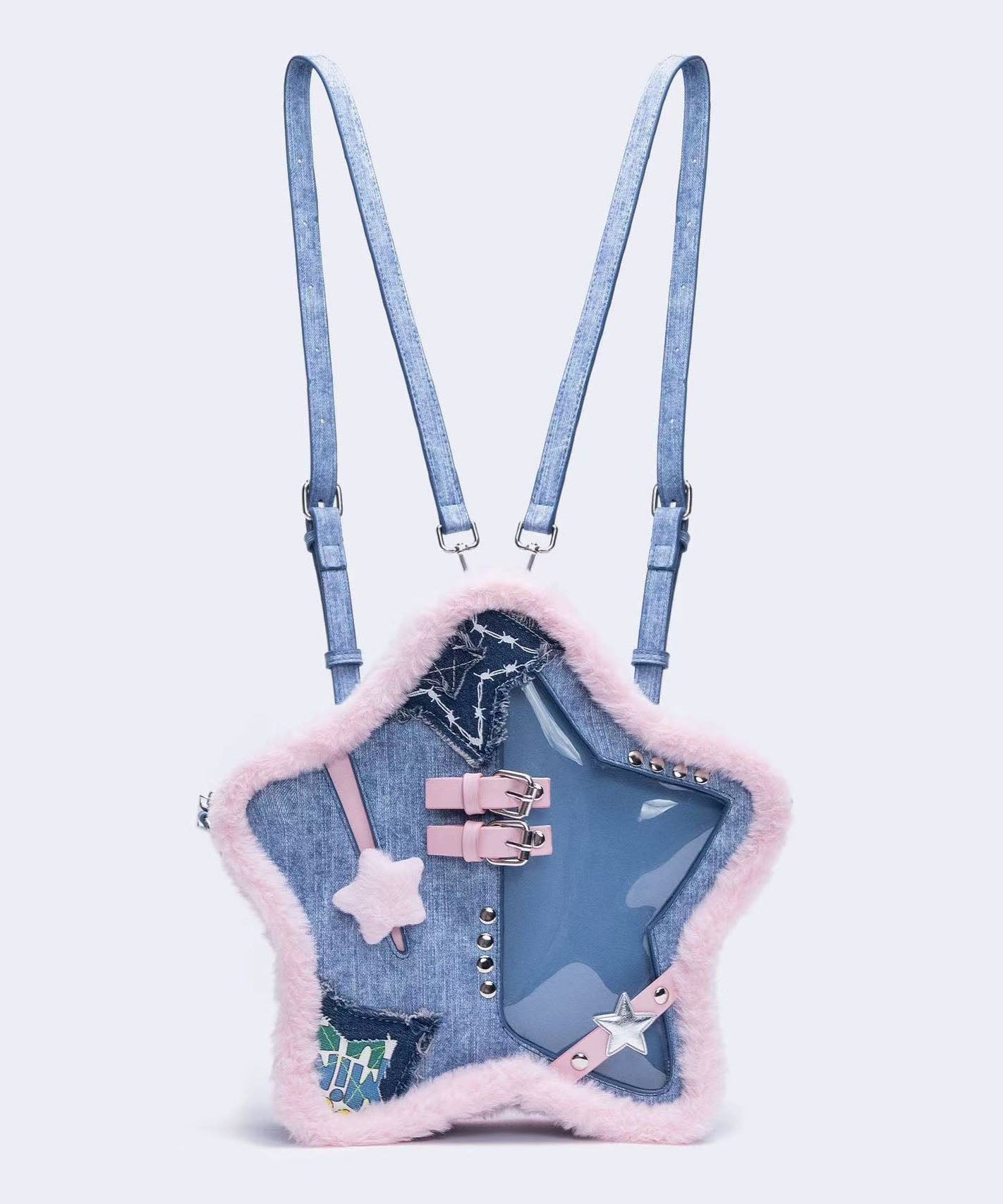 Sac à dos patchwork en denim bleu en forme d'étoile - Amawinc