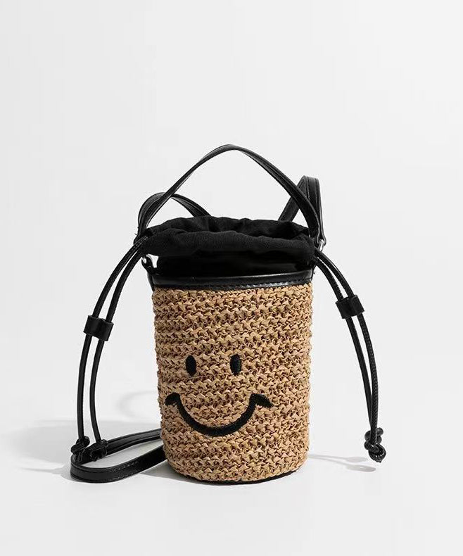 Sac seau en paille tissée avec cordon de serrage et joli sourire kaki - Amawinc