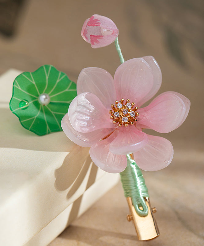 Épingle à cheveux mignonne en alliage rose, mousseline, glaçure colorée, perle et pompon lotus - Amawinc