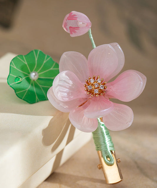 Épingle à cheveux mignonne en alliage rose, mousseline, glaçure colorée, perle et pompon lotus - Amawinc