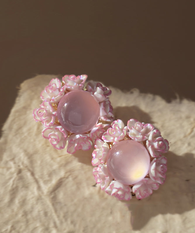 Boucles d'oreilles à tige florales en alliage rose avec pierre œil de chat incrustée - Amawinc