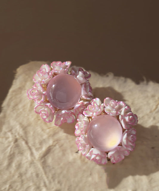 Boucles d'oreilles à tige florales en alliage rose avec pierre œil de chat incrustée - Amawinc