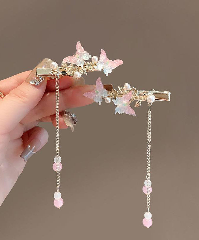 Jolie épingle à cheveux à pompon en alliage rose avec perles et papillon - Amawinc
