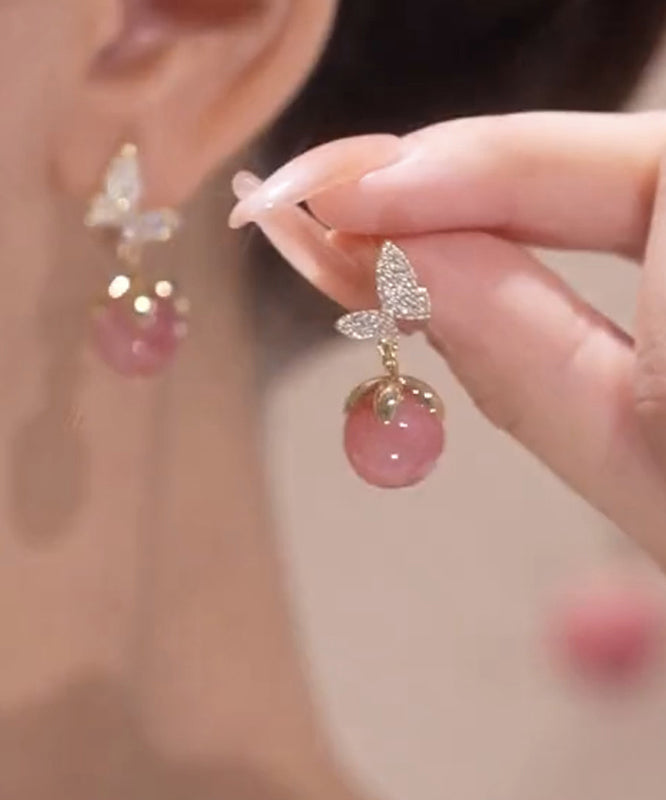 Boucles d'oreilles à tige en alliage de zircon rose avec pierre œil de chat et papillon - Amawinc
