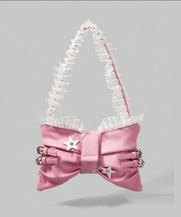 Sacs à bandoulière en similicuir avec nœud rose et dentelle pour filles - Amawinc
