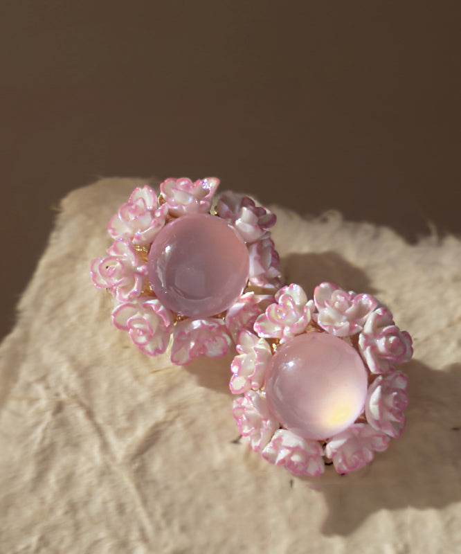Boucles d'oreilles à tige en résine et alliage de cuivre rose avec motif floral œil de chat - Amawinc