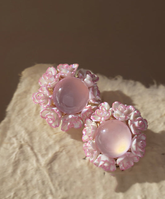 Boucles d'oreilles à tige en résine et alliage de cuivre rose avec motif floral œil de chat - Amawinc