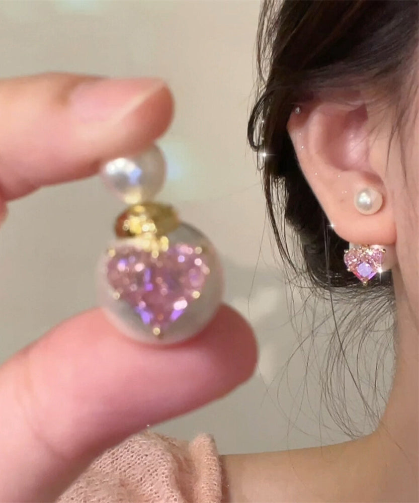 Boucles d'oreilles à tige en alliage de cuivre rose avec perles d'amour en zircon - Amawinc