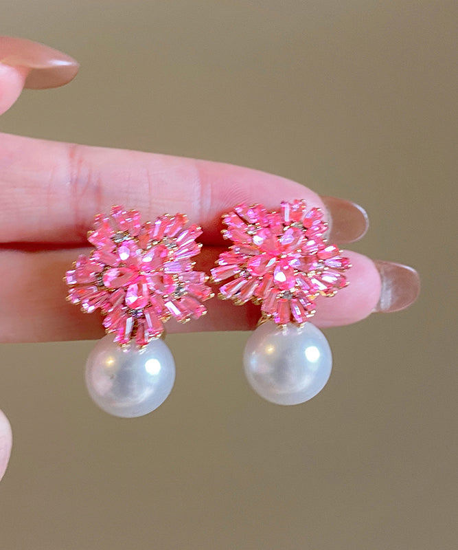 Boucles d'oreilles pendantes en alliage de cuivre rose avec perles de zircone - Amawinc