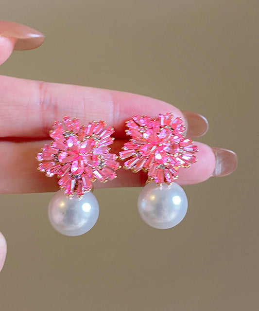 Boucles d'oreilles pendantes en alliage de cuivre rose avec perles de zircone - Amawinc