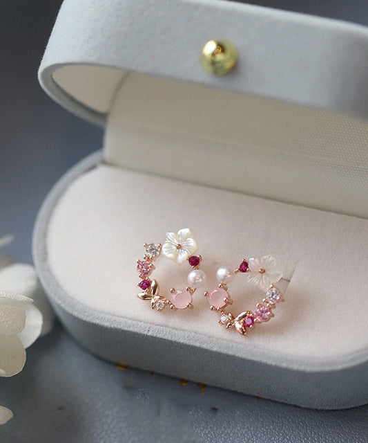 Jolies boucles d'oreilles créoles florales en zircon rose surdoré - Amawinc