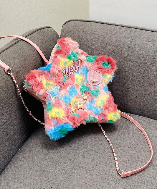 Sac à dos en fausse fourrure patchwork rose à cinq branches pour fille - Amawinc