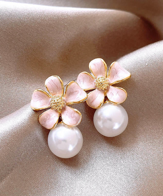 Boucles d'oreilles puces mignonnes en alliage de métal rose avec perles et effet floral coulant - Amawinc