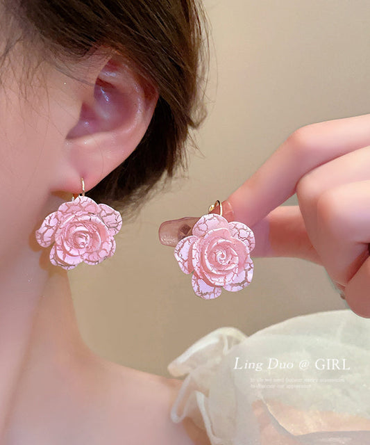 Jolies boucles d'oreilles créoles en alliage d'argent sterling rose et résine rose - Amawinc