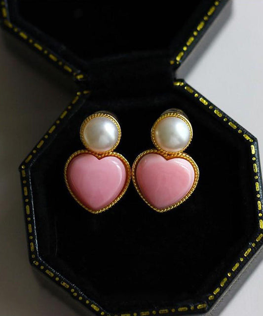 Boucles d'oreilles à tige en argent sterling rose avec perles d'amour surdorées - Amawinc