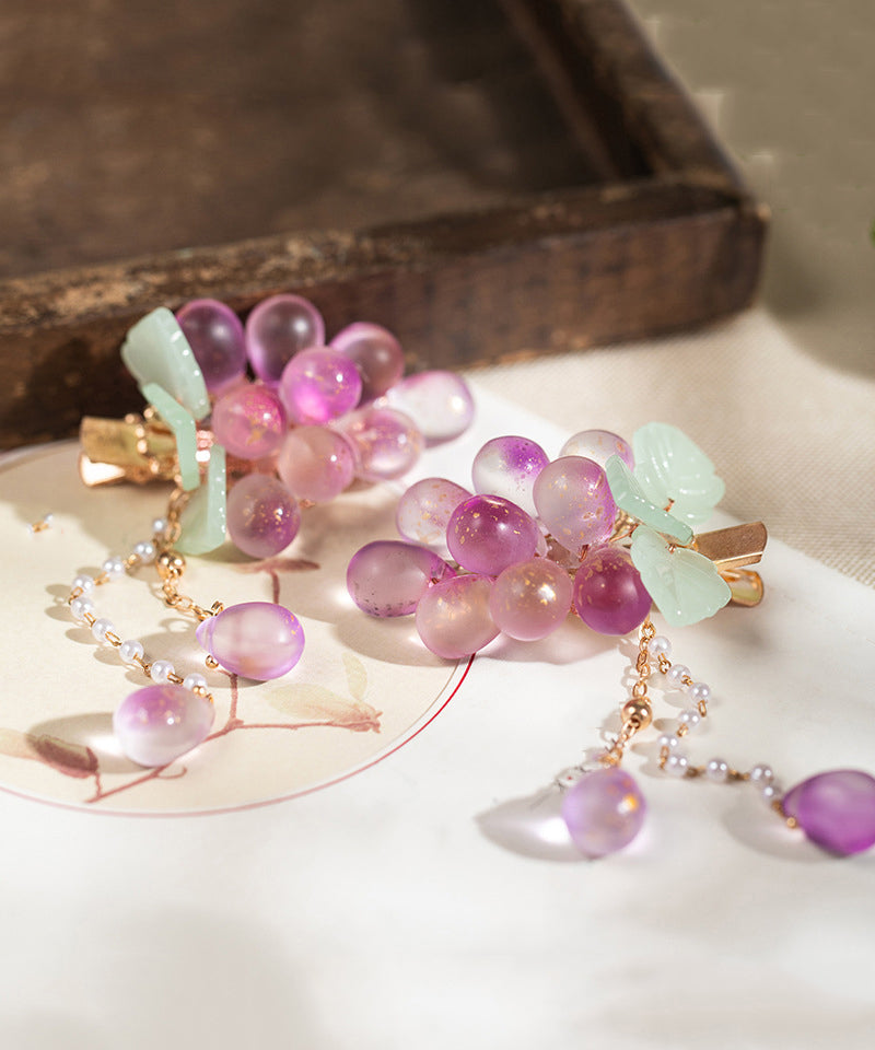 Jolie paire d'épingles à cheveux en jade et cuivre violet surdoré avec pompon en forme de raisin - Amawinc