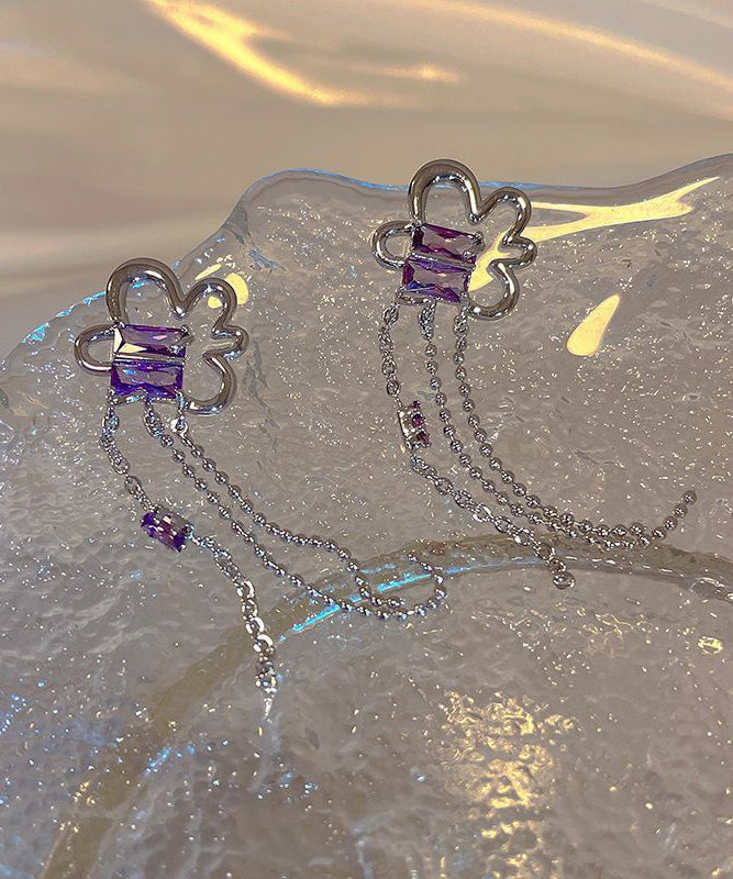Jolies boucles d'oreilles pendantes à pampilles florales en argent sterling violet - Amawinc