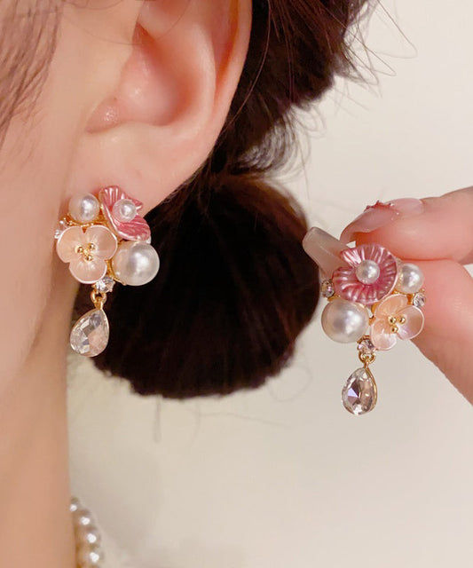 Boucles d'oreilles pendantes en cuivre doré arc-en-ciel, zircon, perle et motif floral en forme de goutte d'eau - Amawinc